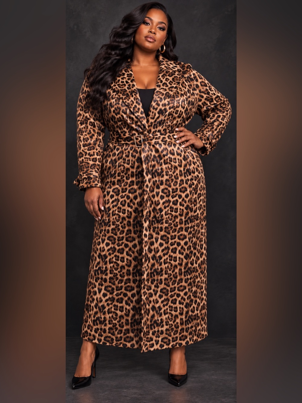 Leopard print vinyl belted Maxi coat dress